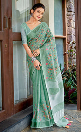 Compelling Teal Color Linen Saree